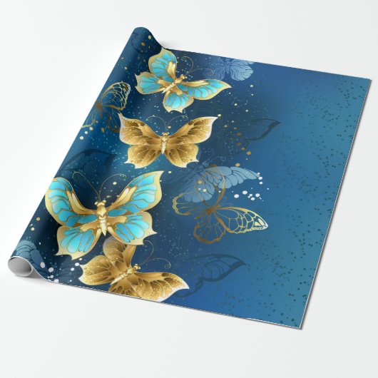 Gouden vlinders cadeaupapier (Uitgerold)