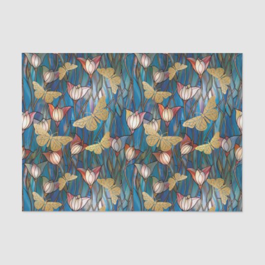 Gouden vlinders Glas in lood Art Noveau Flowers Tissuepapier (Voorkant)