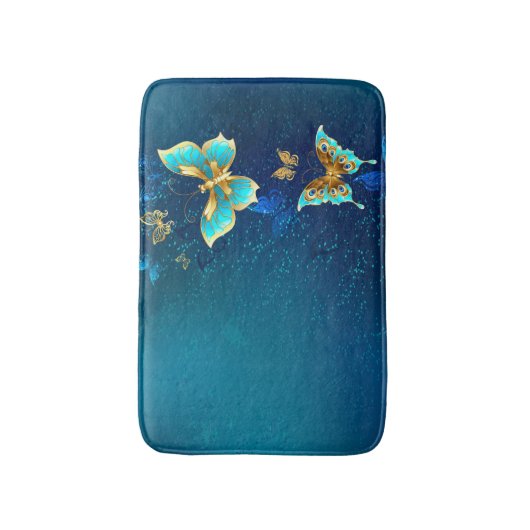 Gouden vlinders op een blauwe achtergrond badmat (Voorkant Verticaal)