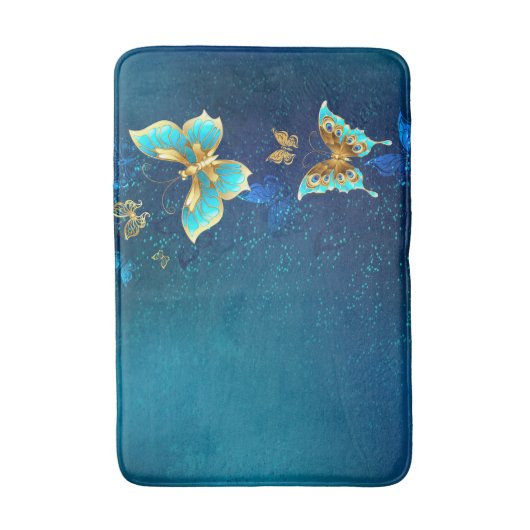 Gouden Vlinders op een Blauwe Achtergrond Badmat (Voorkant Verticaal)