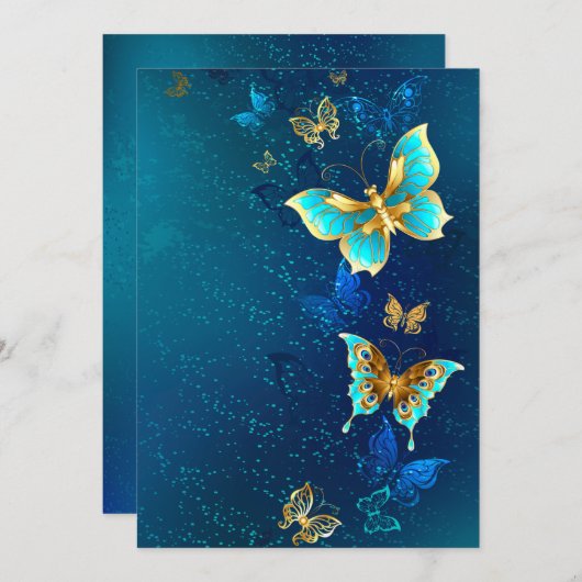 Gouden Vlinders op een Blauwe Achtergrond Bedankkaart (Voorkant / Achterkant)