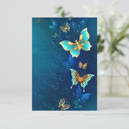 Gouden Vlinders op een Blauwe Achtergrond Bedankkaart (Staand voorkant)