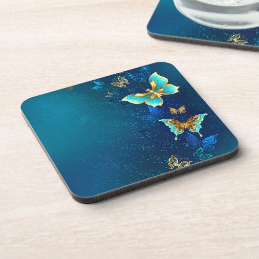 Gouden Vlinders op een Blauwe Achtergrond Bier Onderzetter (Linkerzijde)