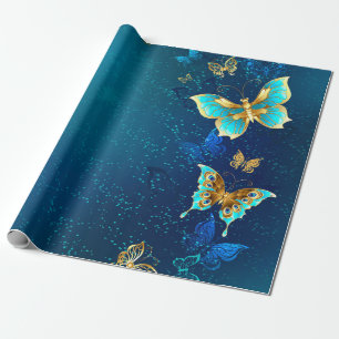 Gouden vlinders op een blauwe achtergrond cadeaupapier