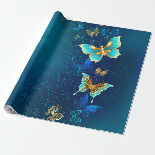 Gouden vlinders op een blauwe achtergrond cadeaupapier