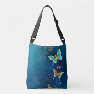 Gouden Vlinders op een Blauwe Achtergrond Crossbody Tas