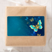 Gouden Vlinders op een Blauwe Achtergrond Etiket (Insitu)