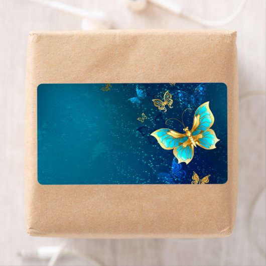 Gouden Vlinders op een Blauwe Achtergrond Etiket (Insitu)