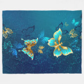 Gouden Vlinders op een Blauwe Achtergrond Fleece Deken (Voorkant (Horizontaal))