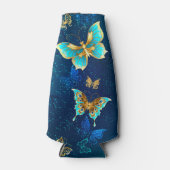 Gouden Vlinders op een Blauwe Achtergrond Flesjeskoeler (Voorkant)