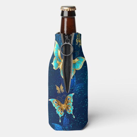 Gouden Vlinders op een Blauwe Achtergrond Flesjeskoeler (Fles Achterkant)