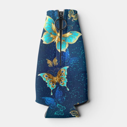 Gouden Vlinders op een Blauwe Achtergrond Flesjeskoeler (Achterkant)
