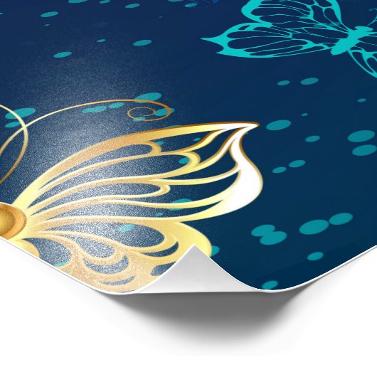 Gouden vlinders op een blauwe achtergrond foto afdruk (Hoek)