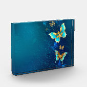 Gouden Vlinders op een Blauwe Achtergrond Fotoblokken (Links)