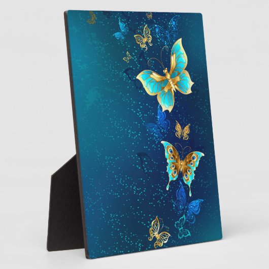Gouden Vlinders op een Blauwe Achtergrond Fotoplaat (Zijkant)