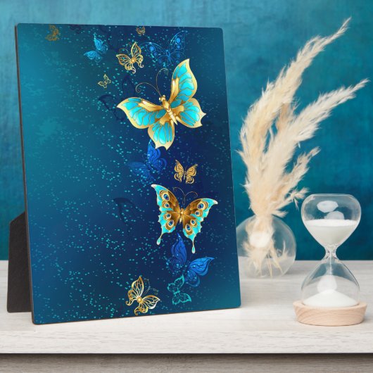 Gouden Vlinders op een Blauwe Achtergrond Fotoplaat (Zijkant)
