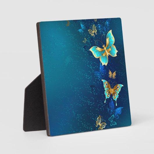 Gouden Vlinders op een Blauwe Achtergrond Fotoplaat (Voorkant)