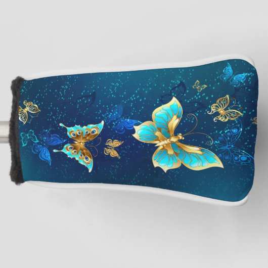 Gouden Vlinders op een Blauwe Achtergrond Golfheadcover (Voorkant)