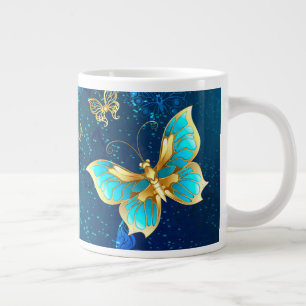 Gouden vlinders op een blauwe achtergrond grote koffiekop