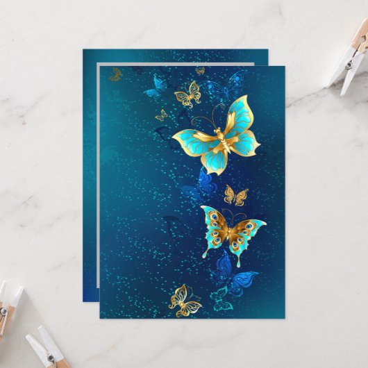 Gouden vlinders op een blauwe achtergrond kaart (Voorkant / Achterkant in situ)