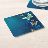 Gouden Vlinders op een Blauwe Achtergrond Kartonnen Onderzetters (Schuin)