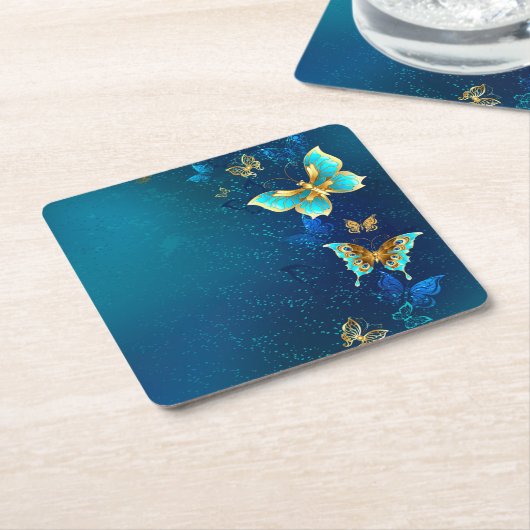 Gouden Vlinders op een Blauwe Achtergrond Kartonnen Onderzetters (Schuin)