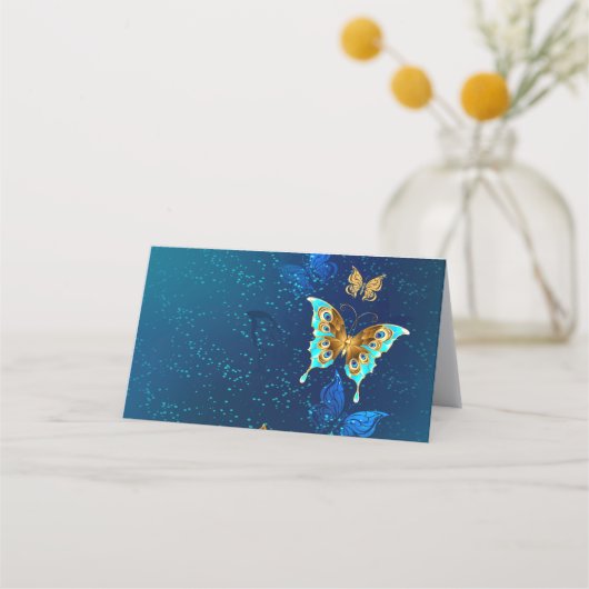 Gouden vlinders op een blauwe achtergrond klantenkaartje (Achterkant)