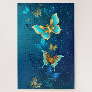 Gouden vlinders op een blauwe achtergrond legpuzzel