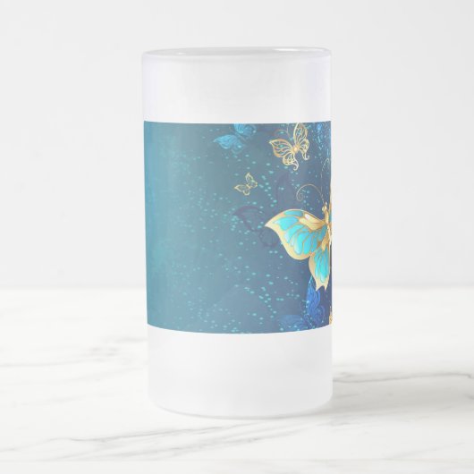 Gouden Vlinders op een Blauwe Achtergrond Matglas Bierpul (Center)