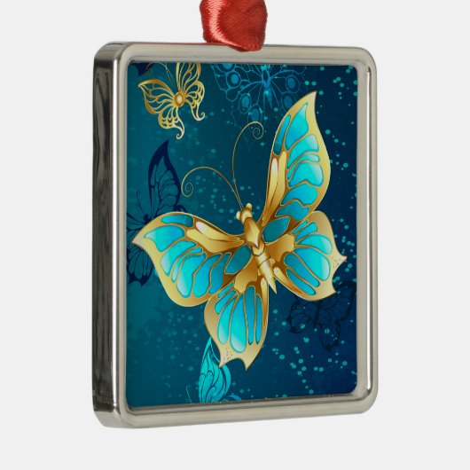 Gouden Vlinders op een Blauwe Achtergrond Metalen Ornament (Rechts)