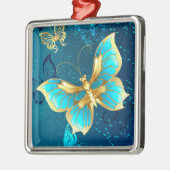 Gouden Vlinders op een Blauwe Achtergrond Metalen Ornament (Links)