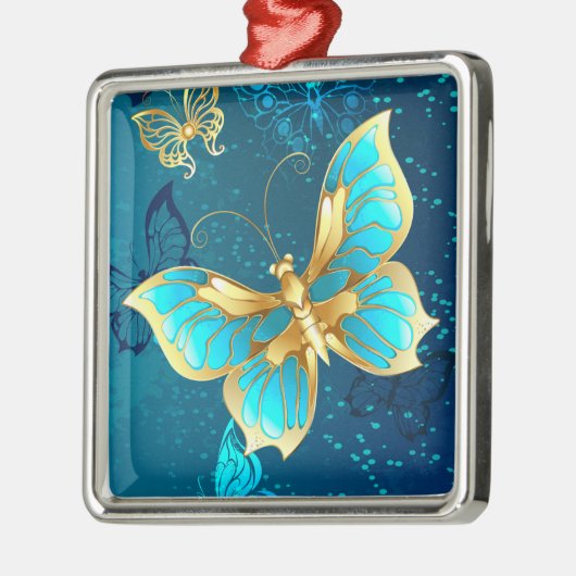 Gouden Vlinders op een Blauwe Achtergrond Metalen Ornament (Links)