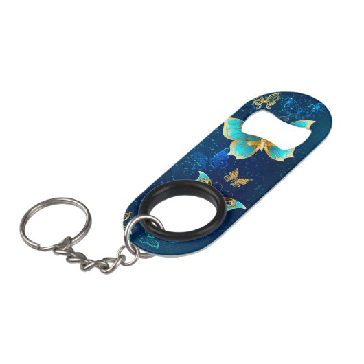 Gouden Vlinders op een Blauwe Achtergrond Mini Flessenopener (Voorkant Gekanteld)