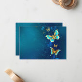 Gouden Vlinders op een Blauwe Achtergrond Notitiekaartje (Voorkant / Achterkant in situ)