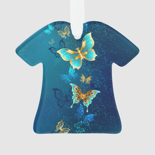 Gouden Vlinders op een Blauwe Achtergrond Ornament (achterkant)
