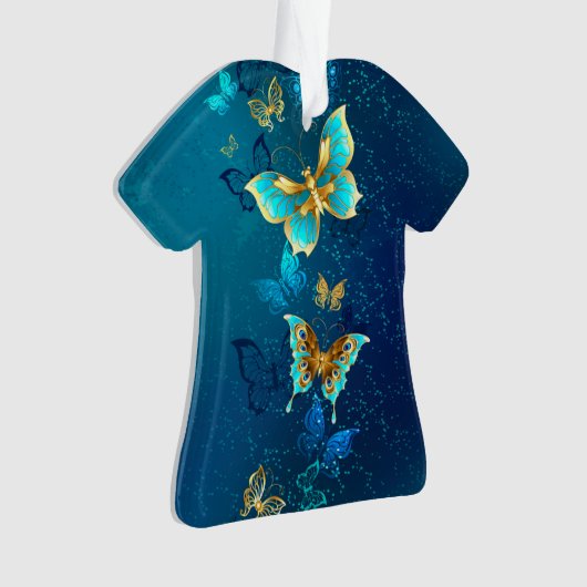 Gouden Vlinders op een Blauwe Achtergrond Ornament (voorkant)