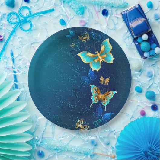 Gouden Vlinders op een Blauwe Achtergrond Papieren Bordje (Feest)