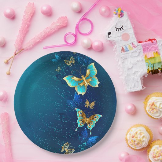 Gouden Vlinders op een Blauwe Achtergrond Papieren Bordje (Feest)