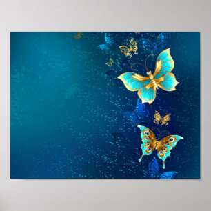 Gouden Vlinders op een Blauwe Achtergrond Poster