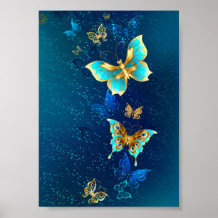 Gouden Vlinders op een Blauwe Achtergrond Poster