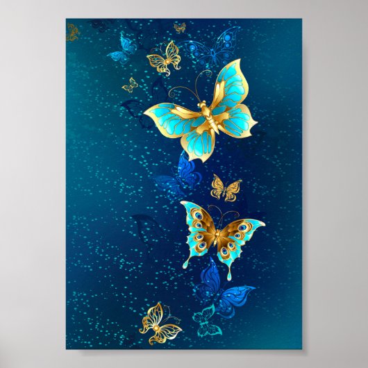 Gouden Vlinders op een Blauwe Achtergrond Poster (Voorkant)