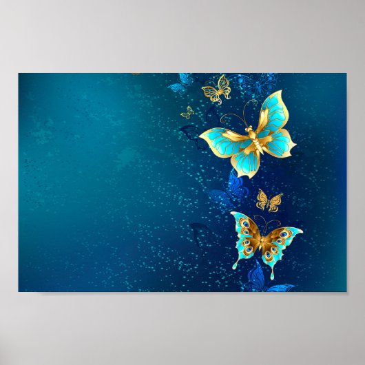 Gouden vlinders op een blauwe achtergrond poster (Voorkant)