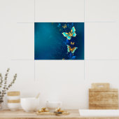 Gouden vlinders op een blauwe achtergrond poster (Keuken)