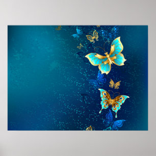 Gouden vlinders op een blauwe achtergrond poster