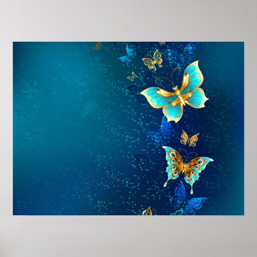 Gouden vlinders op een blauwe achtergrond poster (Voorkant)