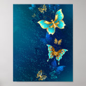 Gouden Vlinders op een Blauwe Achtergrond Poster (Voorkant)