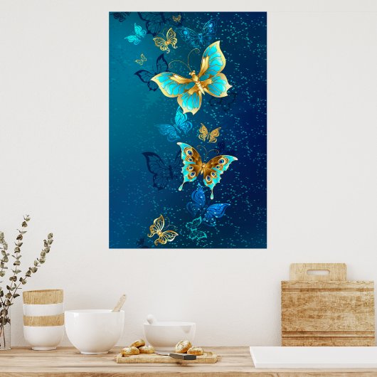 Gouden Vlinders op een Blauwe Achtergrond Poster (Keuken)