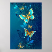 Gouden Vlinders op een Blauwe Achtergrond Poster (Voorkant)