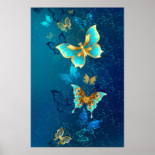 Gouden Vlinders op een Blauwe Achtergrond Poster