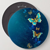 Gouden Vlinders op een Blauwe Achtergrond Ronde Button 6,0 Cm (Voorkant /achterkant)